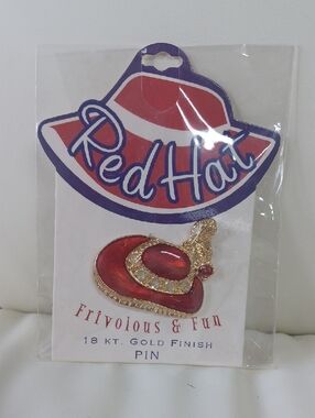New In Pkg Red Hat Red Enamel Hat Pin With Feather & Rhinestones 18k Gold Finish